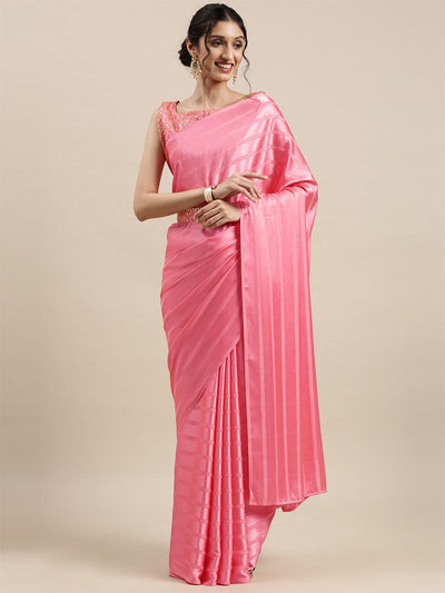 Women's Satin Pink Solid Belted Sarees With Blouse Piece - Odette