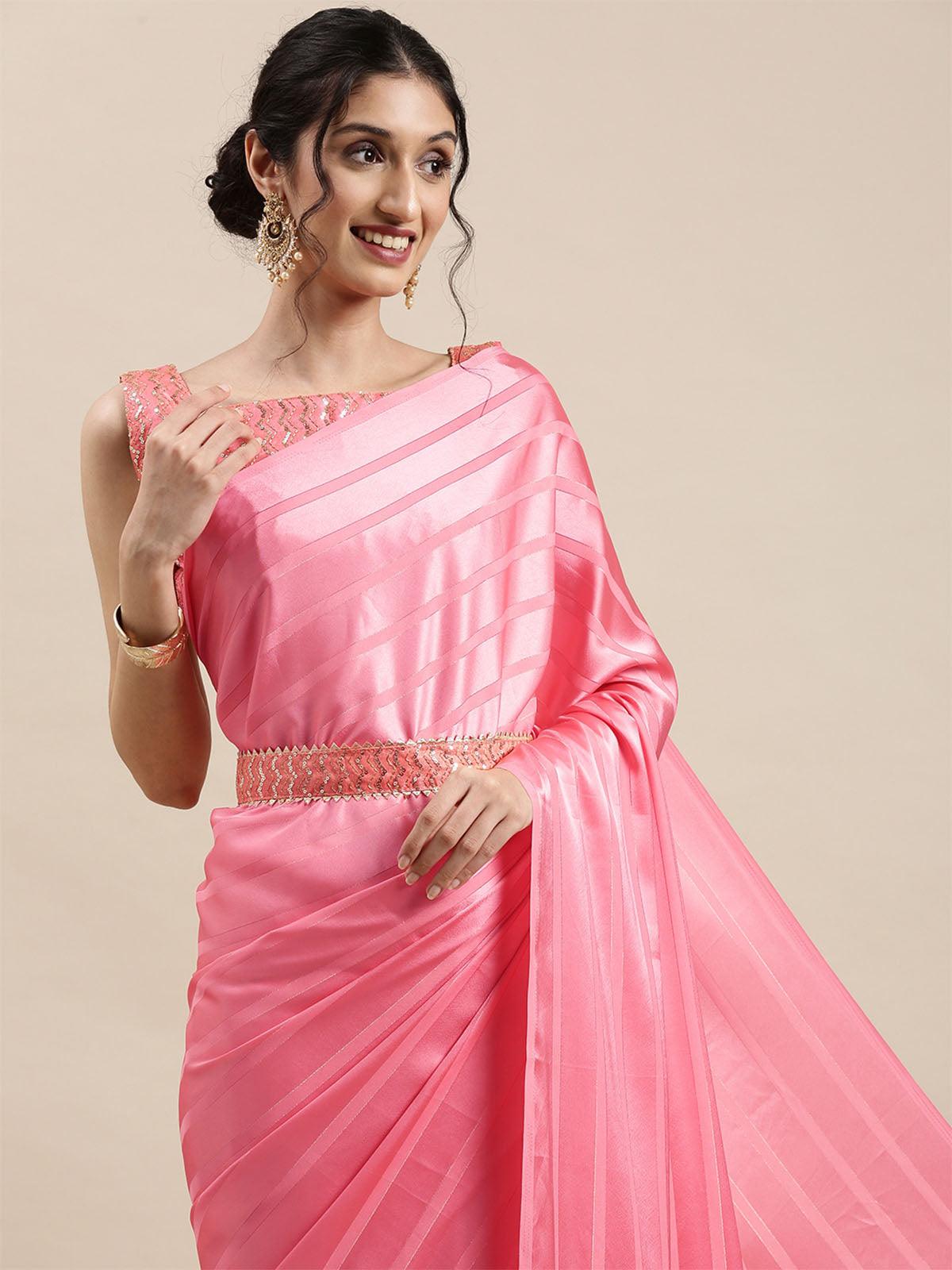 Women's Satin Pink Solid Belted Sarees With Blouse Piece - Odette