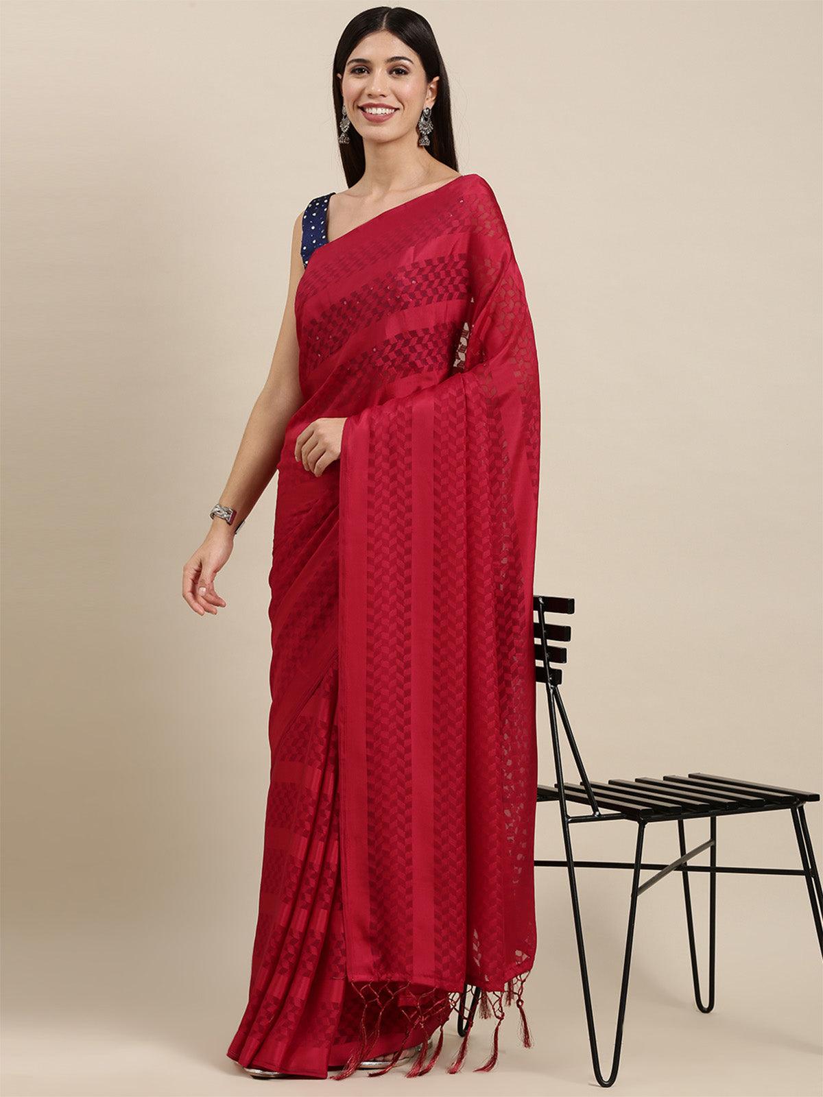 Women's Satin Red Self-Design Designer Saree With Blouse Piece - Odette