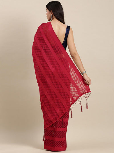 Women's Satin Red Self-Design Designer Saree With Blouse Piece - Odette
