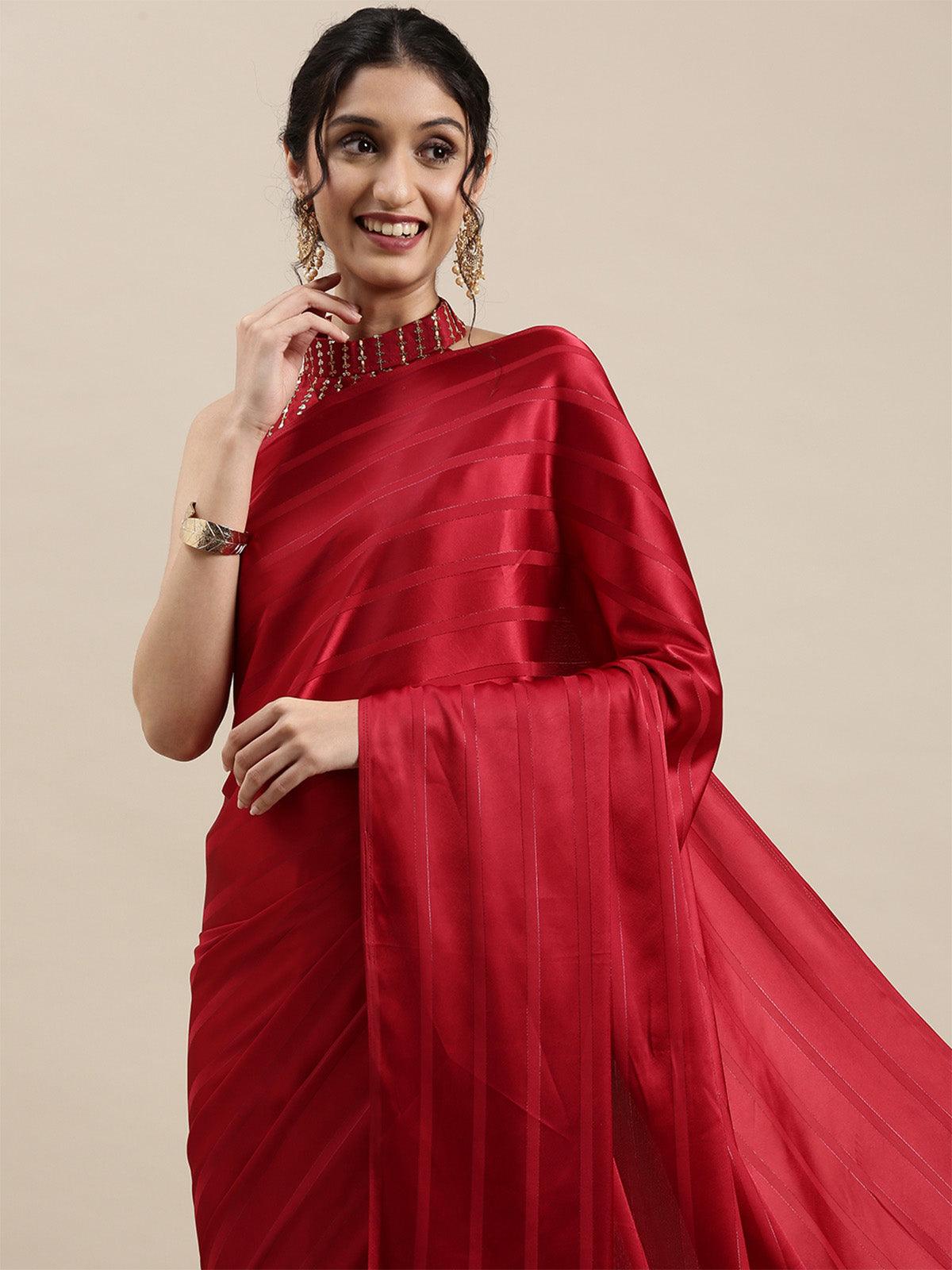 Women's Satin Red Solid Designer Saree With Blouse Piece - Odette