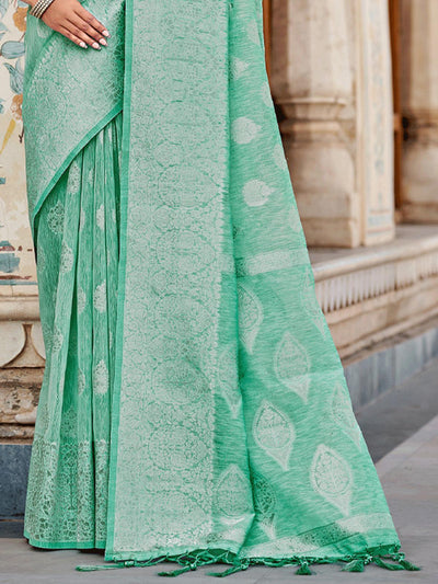 Women's Sea Green Linen Woven Design Saree With Blouse Piece - Odette