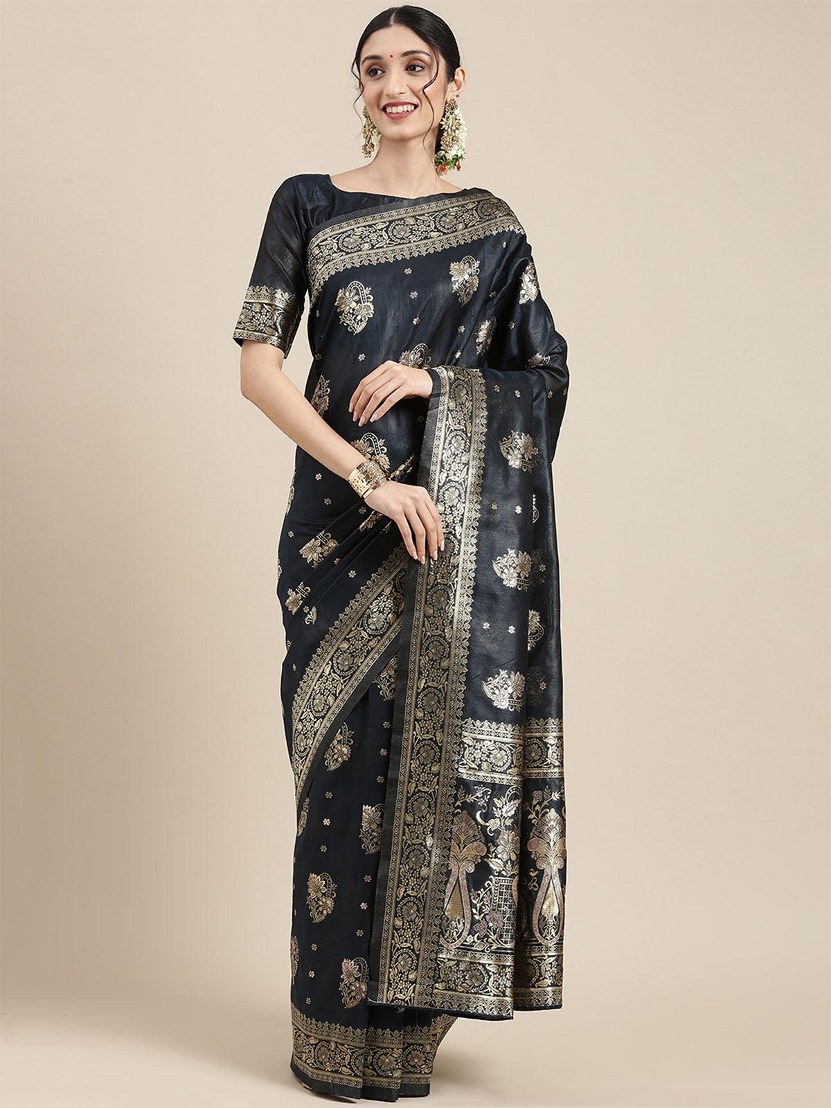 Women's Silk Blend Black Woven Design Celebrity Saree With Blouse Piece - Odette
