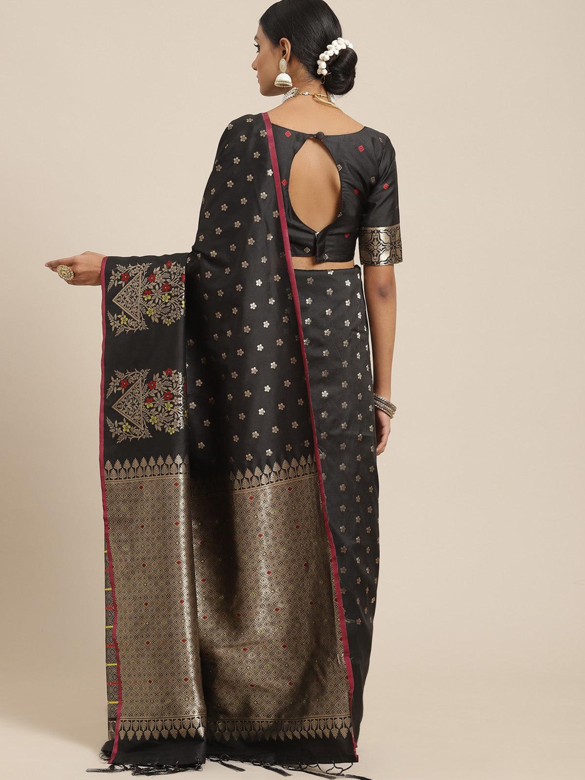 Women's Silk Blend Black Woven Design Woven saree With Blouse Piece - Odette