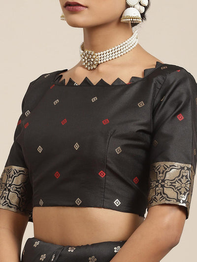 Women's Silk Blend Black Woven Design Woven saree With Blouse Piece - Odette