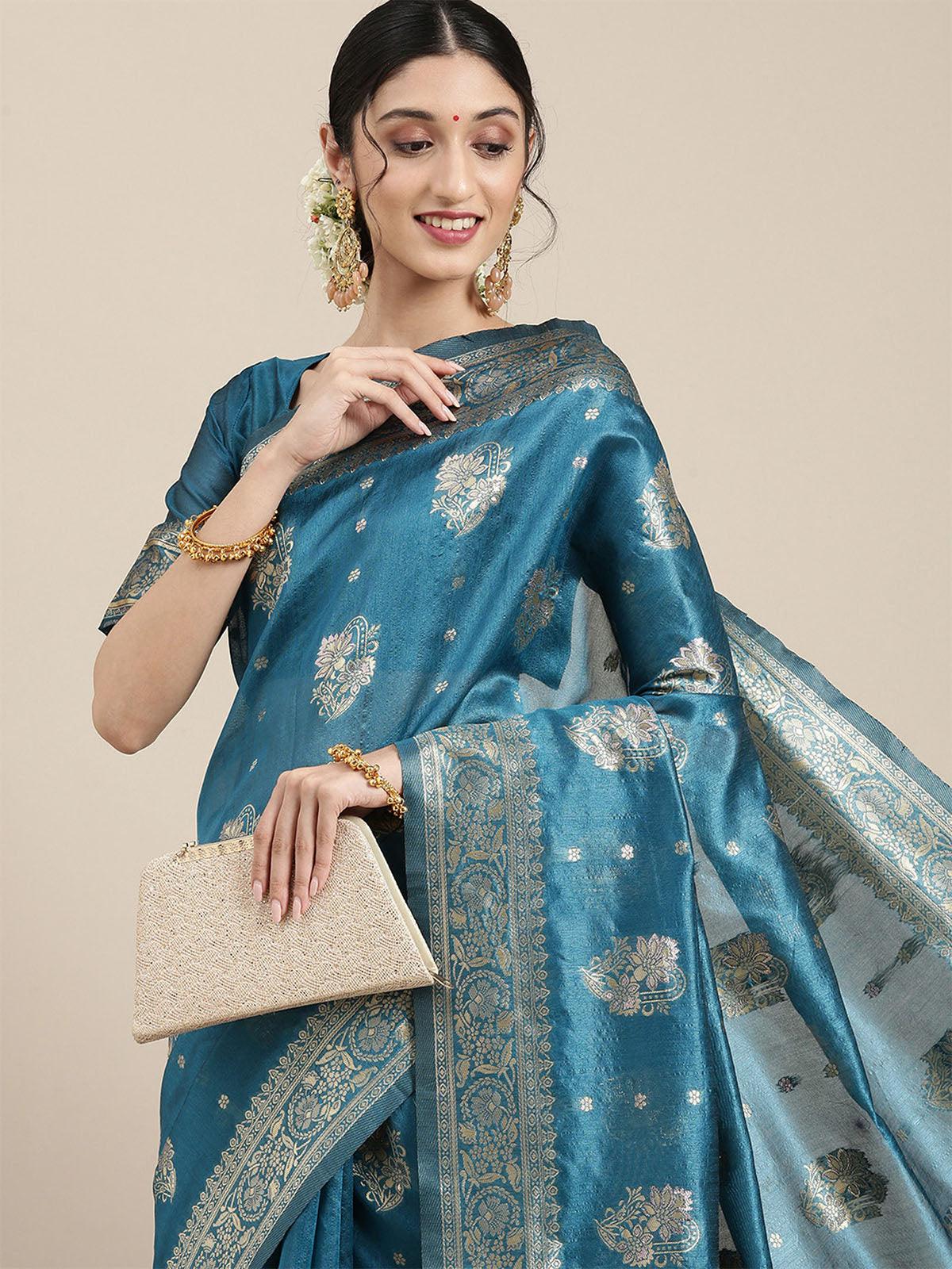 Women's Silk Blend Blue Woven Design Celebrity Saree With Blouse Piece - Odette