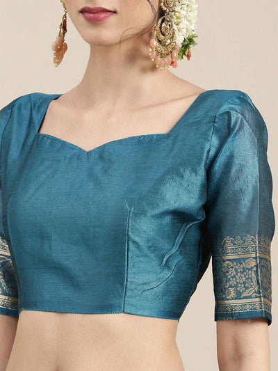 Women's Silk Blend Blue Woven Design Celebrity Saree With Blouse Piece - Odette