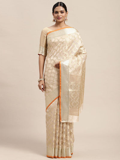 Women's Silk Blend Cream Woven Design Designer Saree With Blouse Piece - Odette