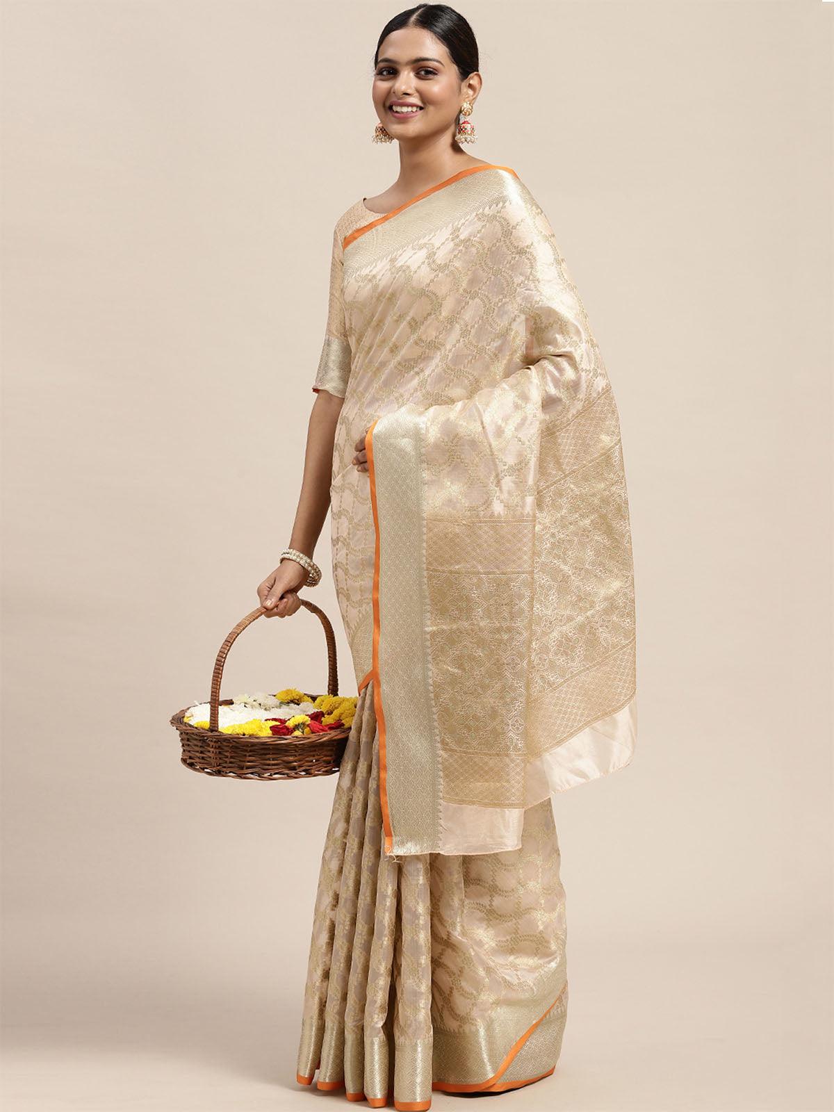 Women's Silk Blend Cream Woven Design Designer Saree With Blouse Piece - Odette