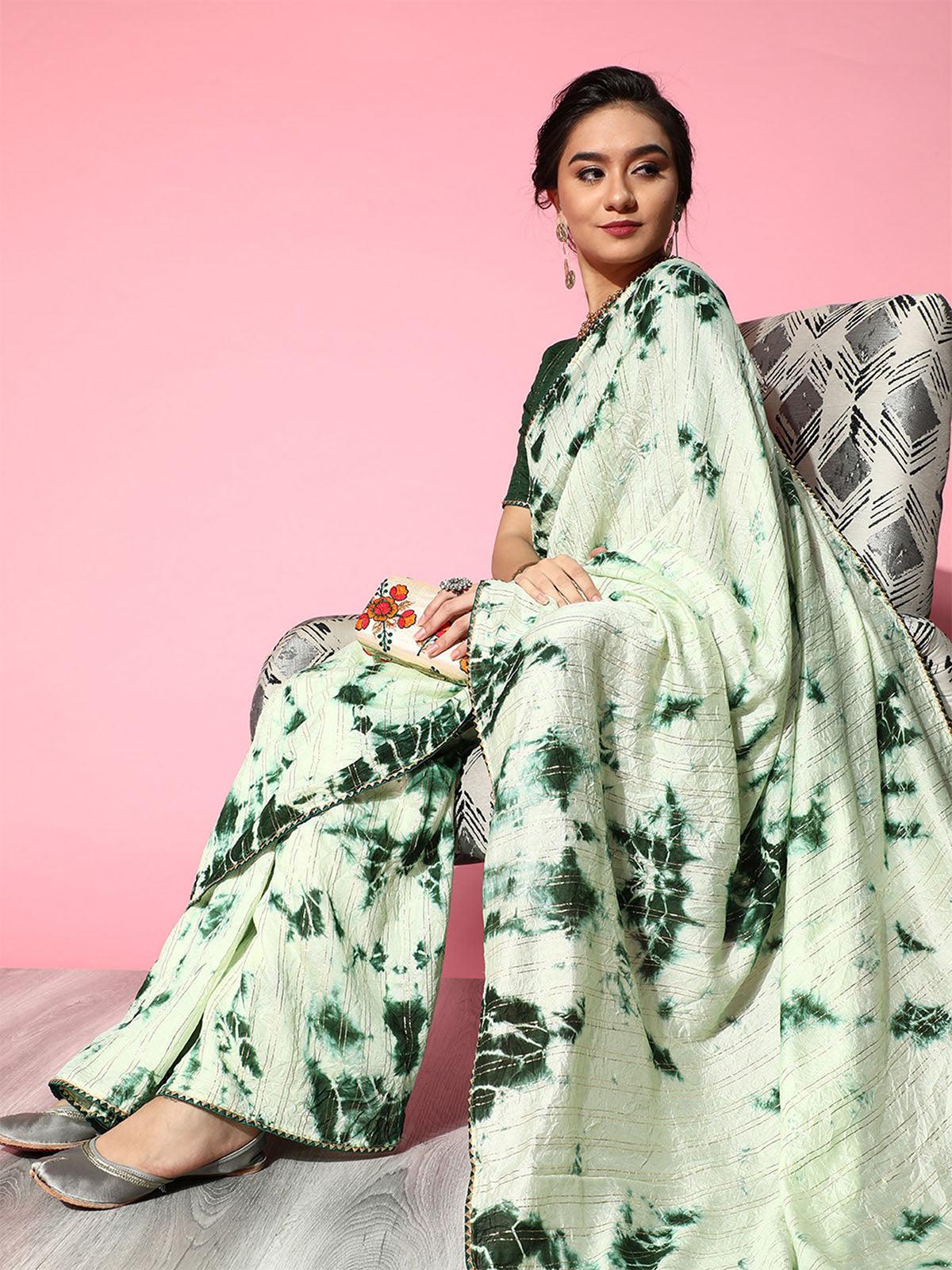 Women's Silk Blend Green Printed Designer Saree With Blouse Piece - Odette