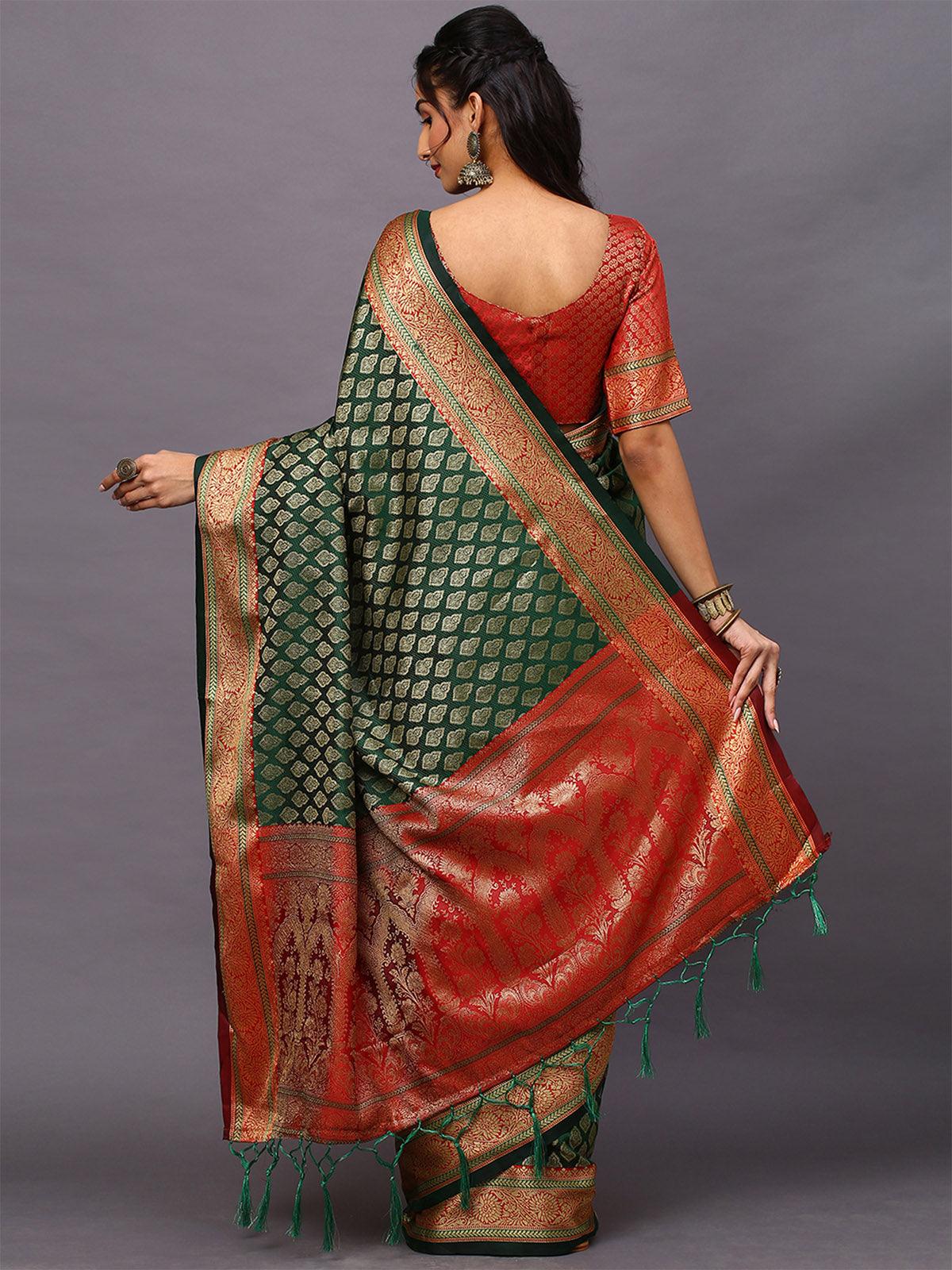 Women's Silk Blend Green Woven Design Designer Saree With Blouse Piece - Odette