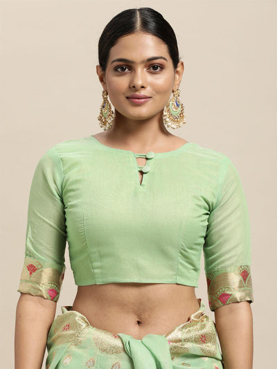 Women's Silk Blend Green Woven Design Designer Saree With Blouse Piece - Odette