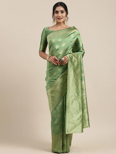 Women's Silk Blend Green Woven Design Woven saree With Blouse Piece - Odette
