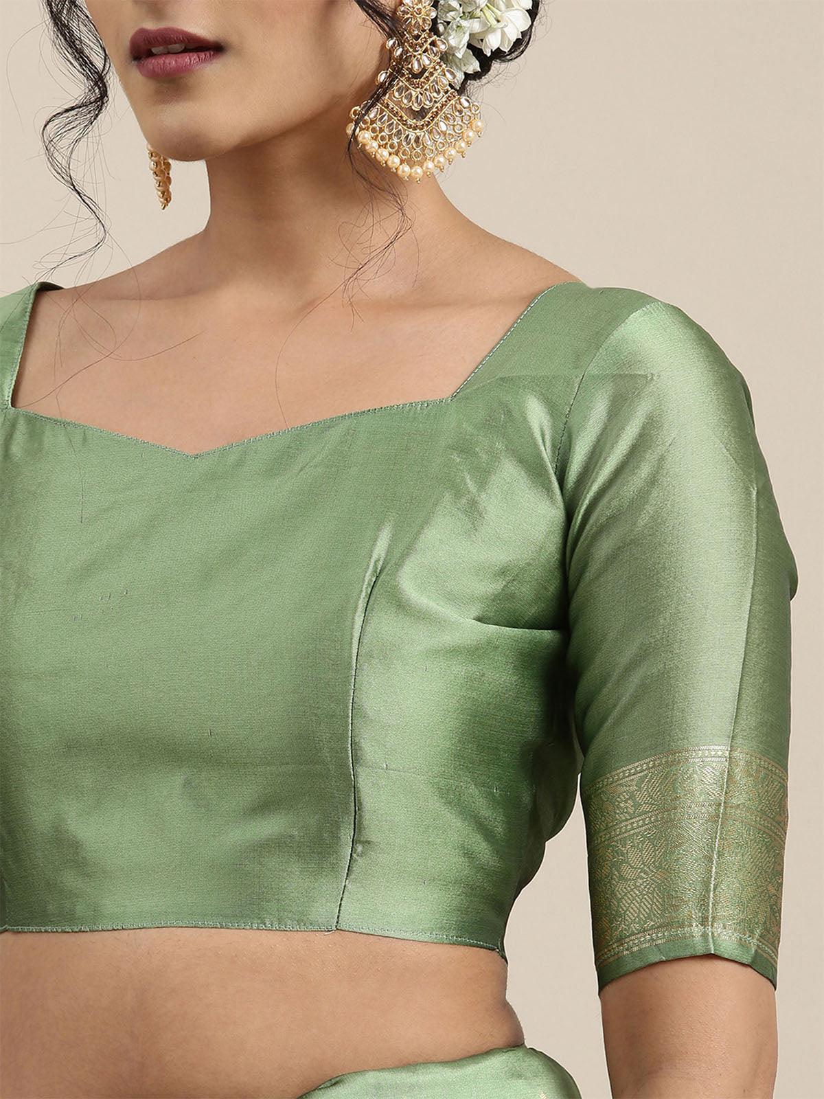 Women's Silk Blend Green Woven Design Woven saree With Blouse Piece - Odette