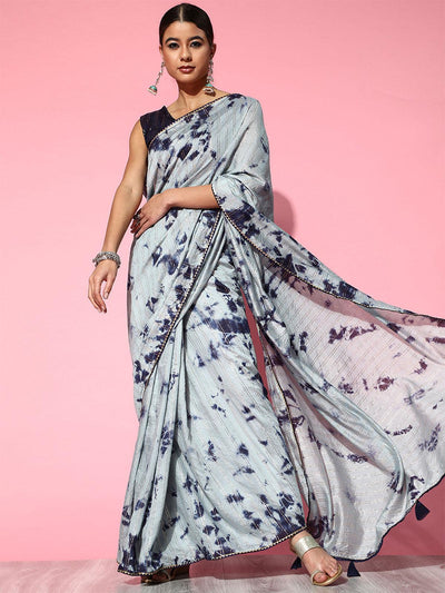 Women's Silk Blend Grey Printed Designer Saree With Blouse Piece - Odette
