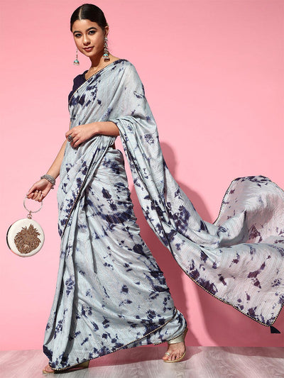 Women's Silk Blend Grey Printed Designer Saree With Blouse Piece - Odette
