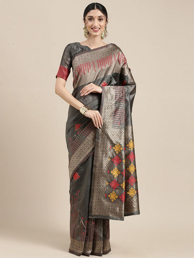 Women's Silk Blend Grey Woven Design Designer Saree With Blouse Piece - Odette