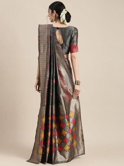 Women's Silk Blend Grey Woven Design Designer Saree With Blouse Piece - Odette