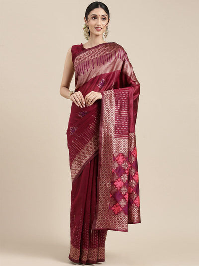 Women's Silk Blend Magenta Woven Design Designer Saree With Blouse Piece - Odette