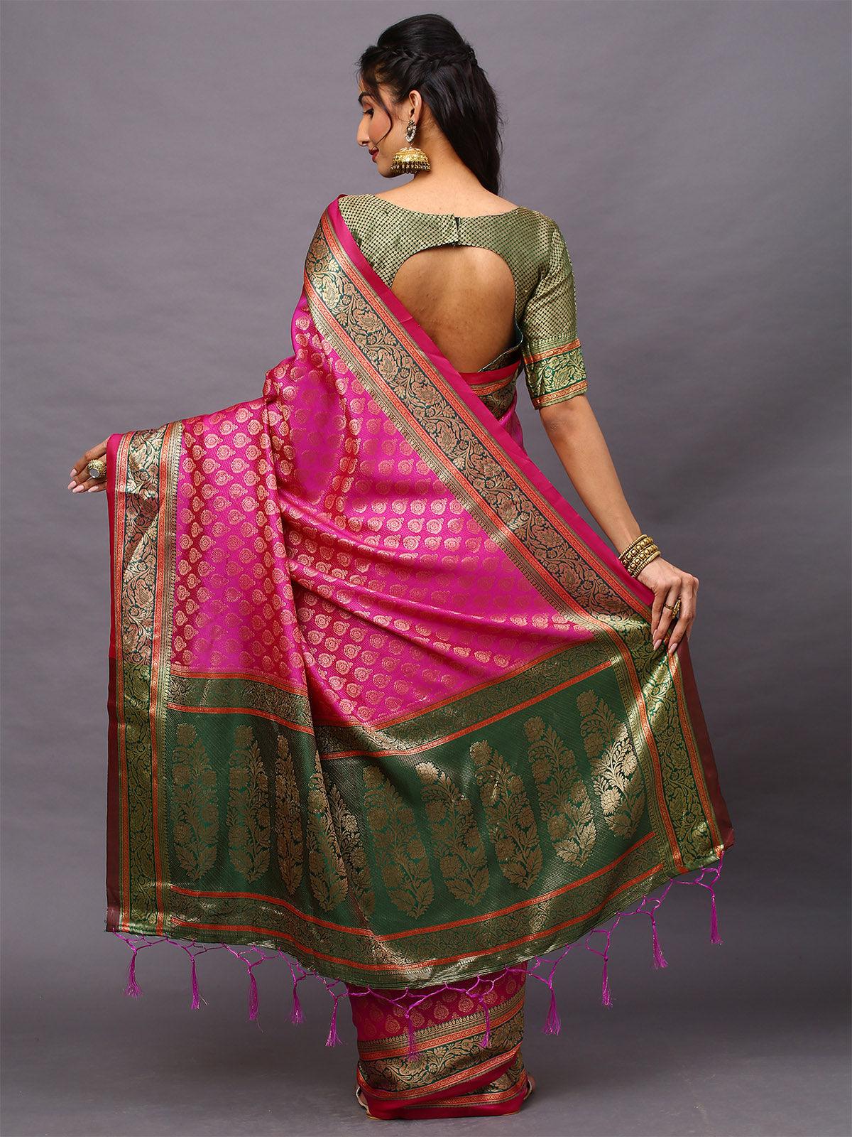 Women's Silk Blend Magenta Woven Design Designer Saree With Blouse Piece - Odette
