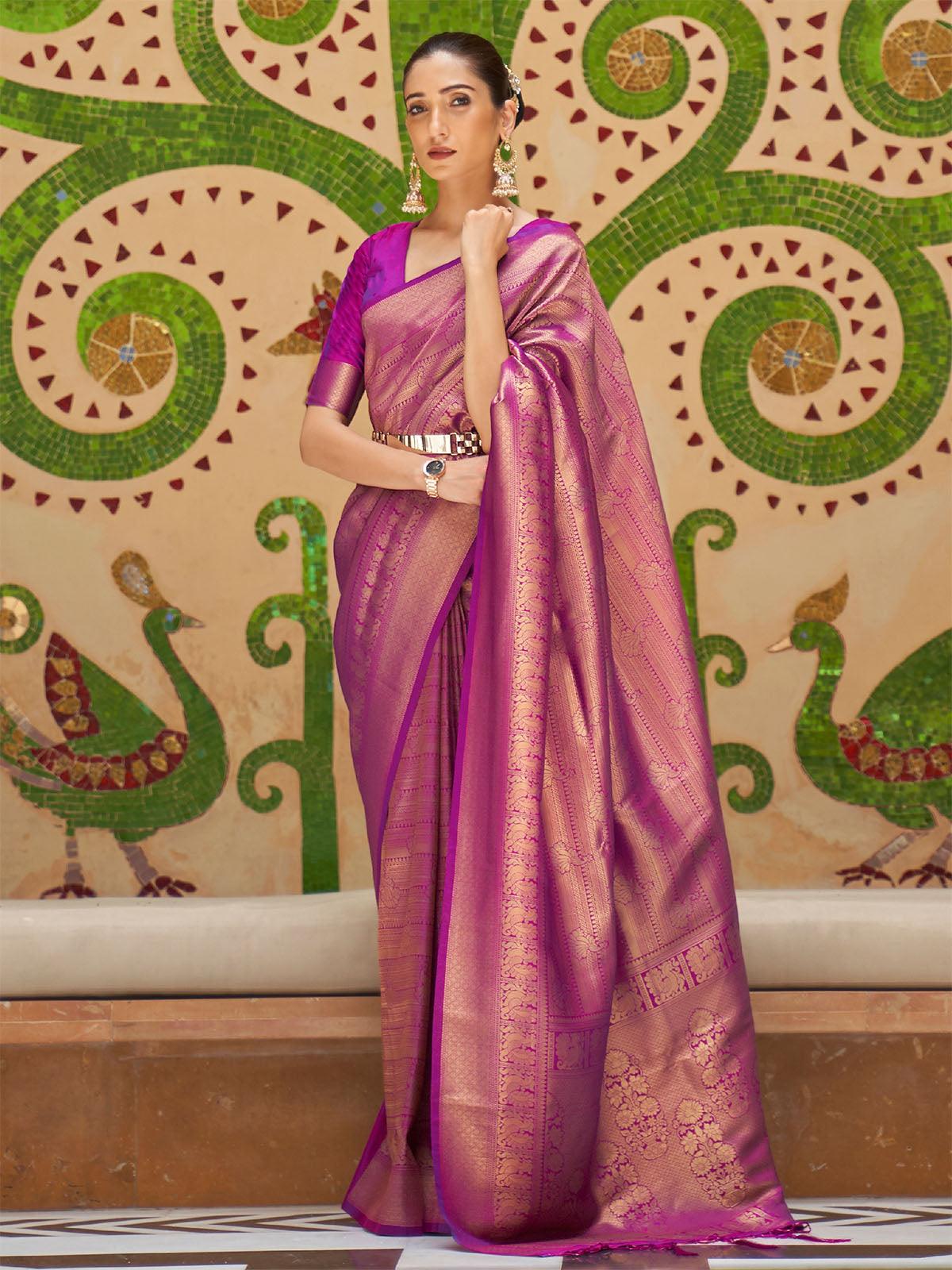Women's Silk Blend Magenta Woven Design Handloom Saree With Blouse Piece - Odette