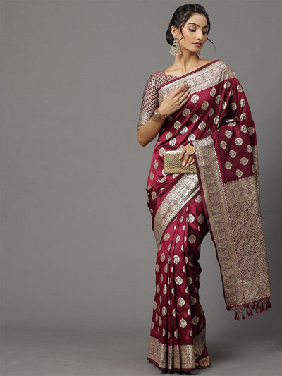 Women's Silk Blend Magenta Woven Design Woven saree With Blouse Piece - Odette