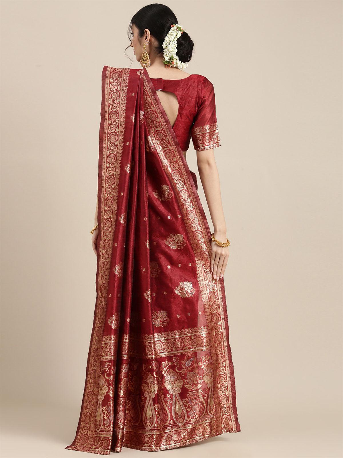 Women's Silk Blend Maroon Woven Design Celebrity Saree With Blouse Piece - Odette