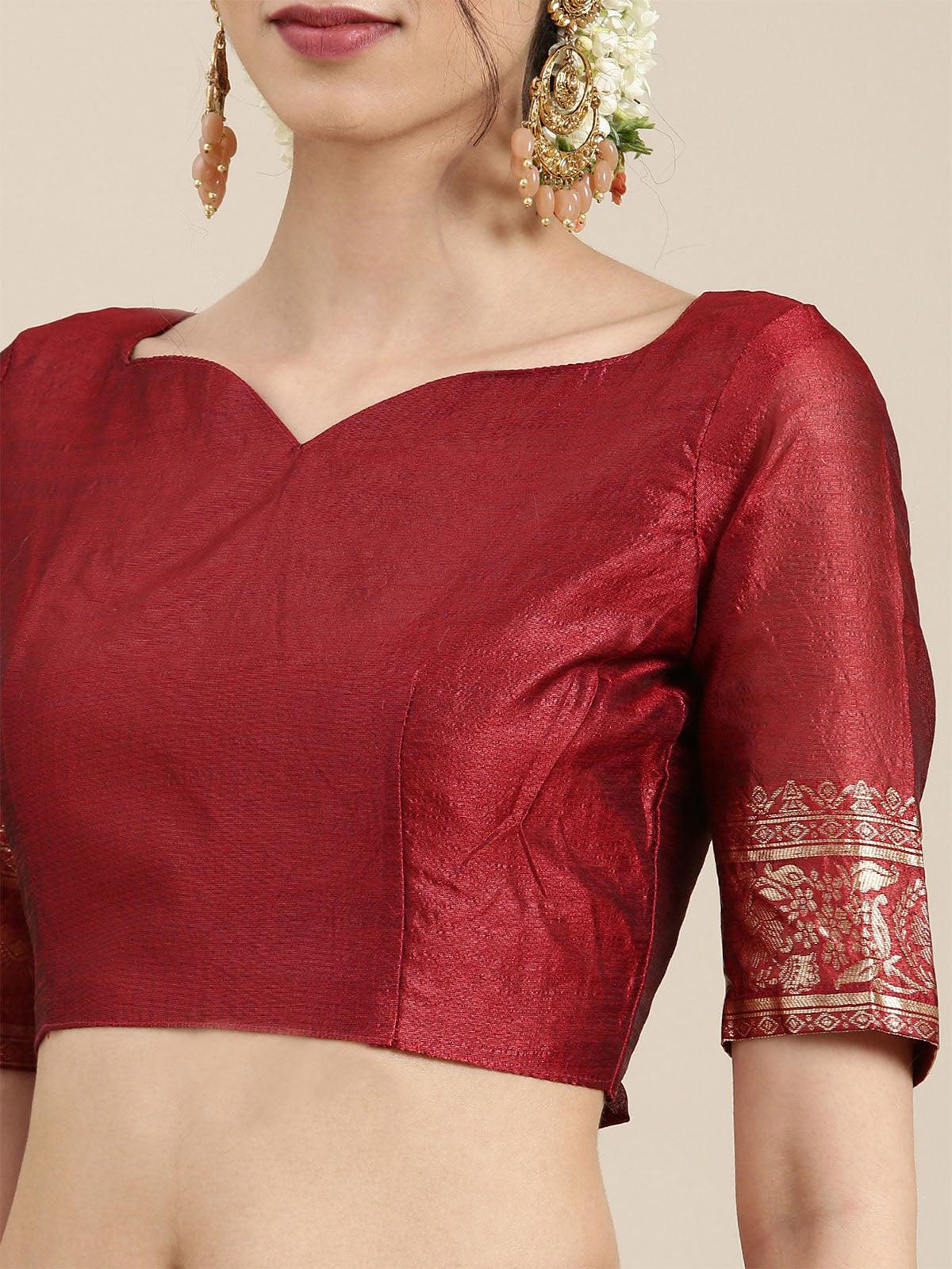 Women's Silk Blend Maroon Woven Design Celebrity Saree With Blouse Piece - Odette