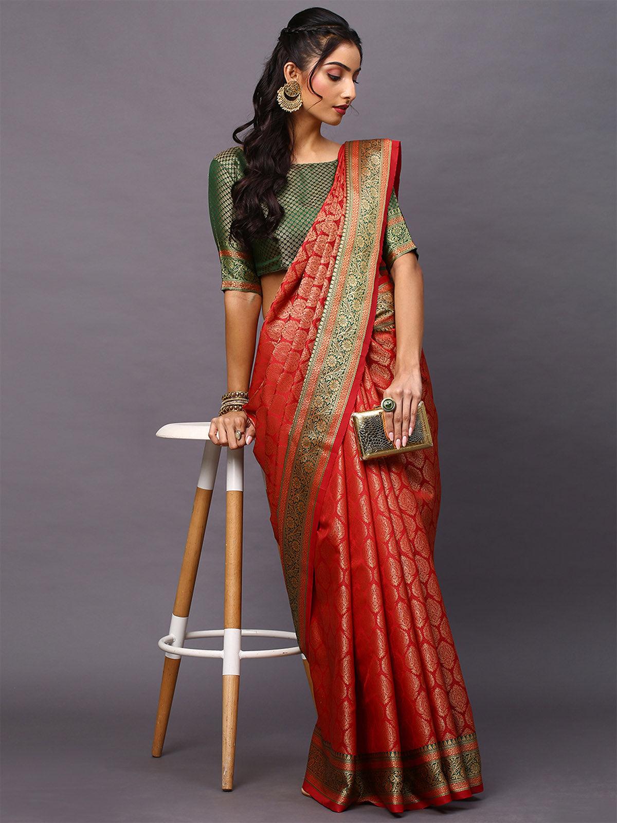 Women's Silk Blend Maroon Woven Design Designer Saree With Blouse Piece - Odette