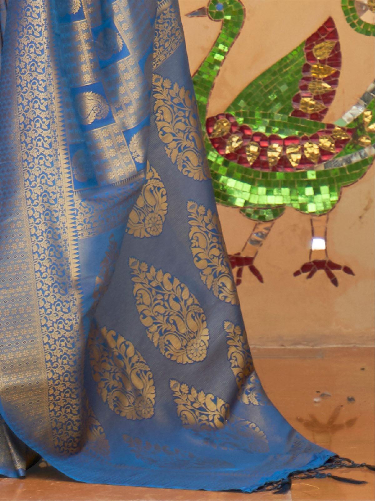 Women's Silk Blend Navy Blue Woven Design Handloom Saree With Blouse Piece - Odette