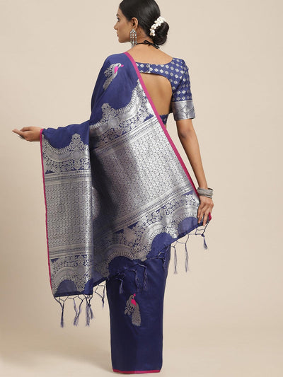 Women's Silk Blend Navy Blue Woven Design Woven saree With Blouse Piece - Odette