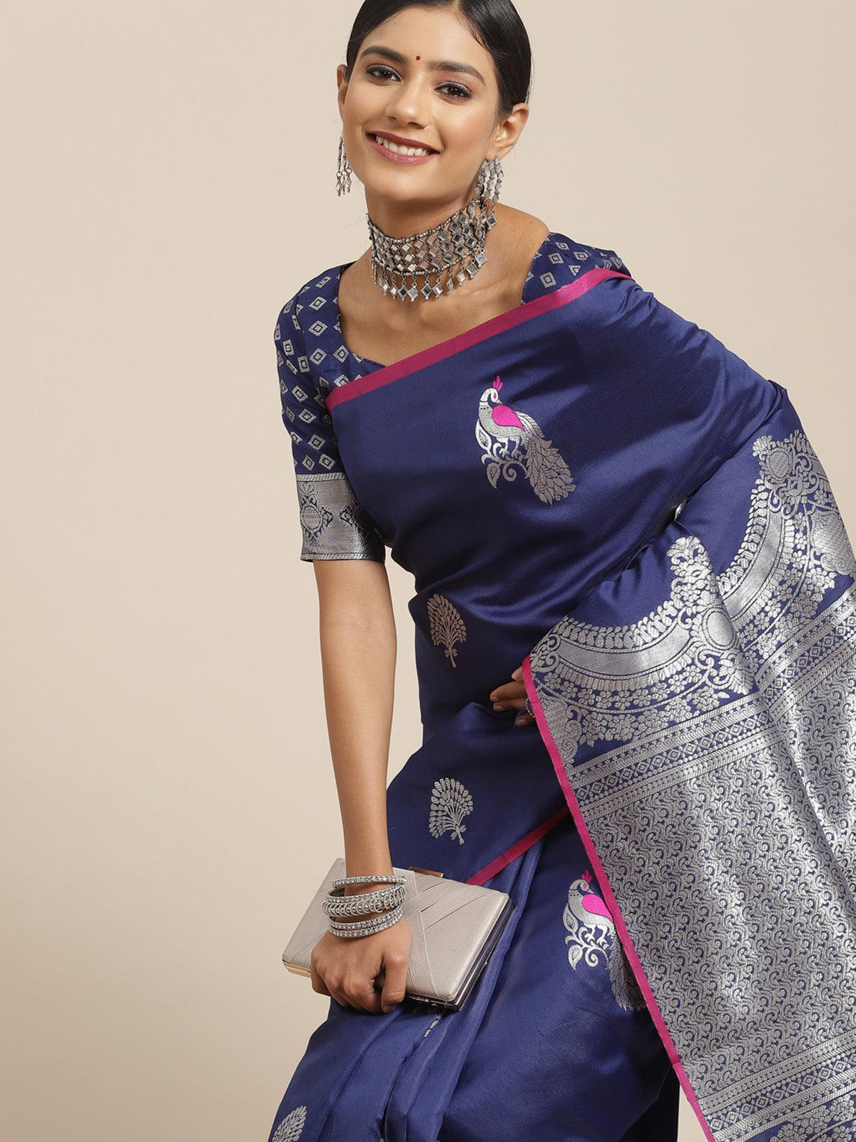 Women's Silk Blend Navy Blue Woven Design Woven saree With Blouse Piece - Odette