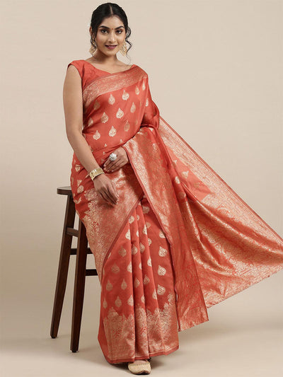 Women's Silk Blend Orange Woven Design Woven saree With Blouse Piece - Odette