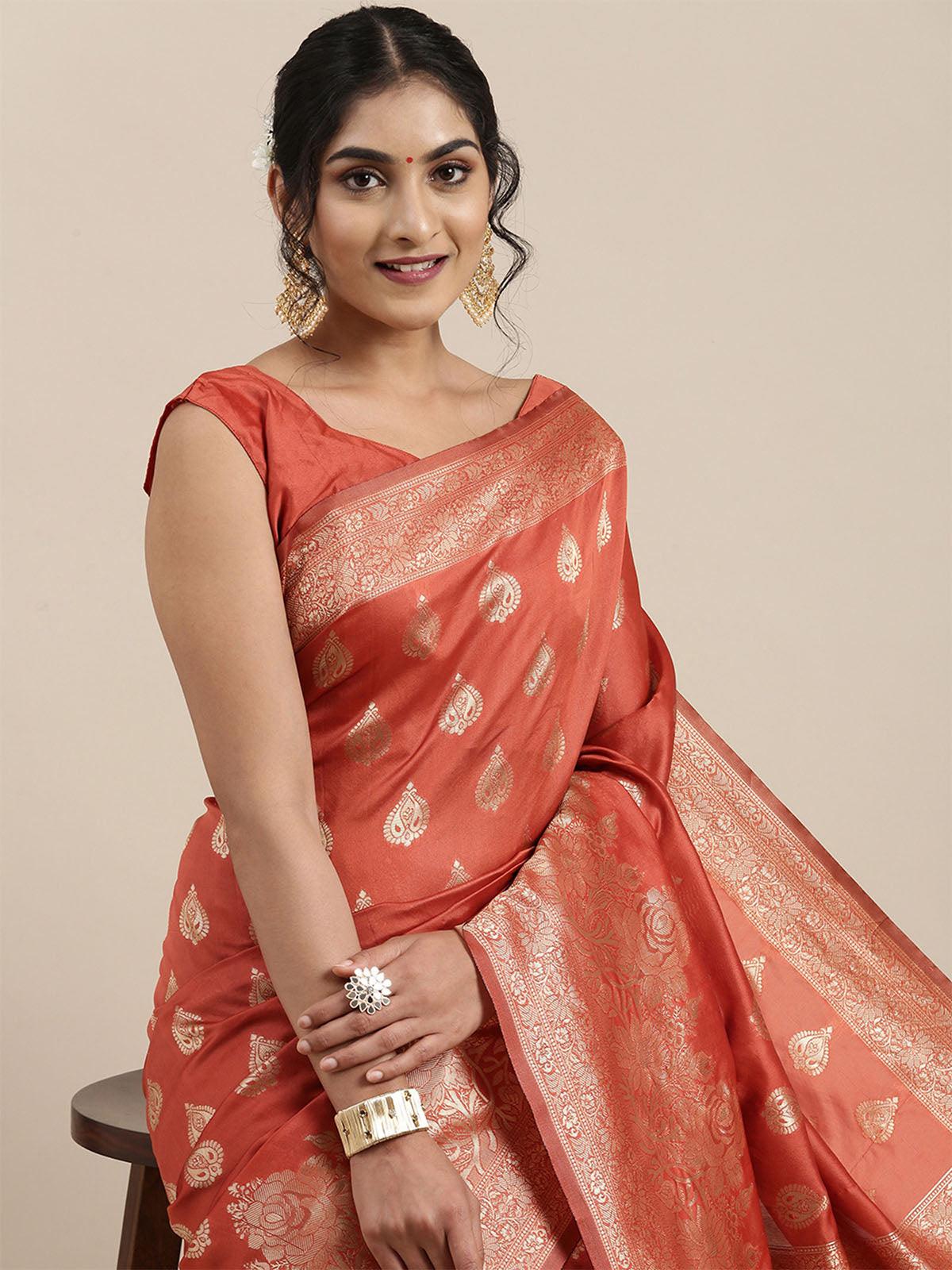 Women's Silk Blend Orange Woven Design Woven saree With Blouse Piece - Odette