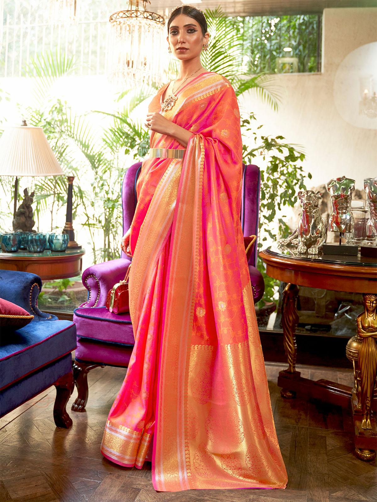 Women's Silk Blend Peach Woven Design Handloom Saree With Blouse Piece - Odette