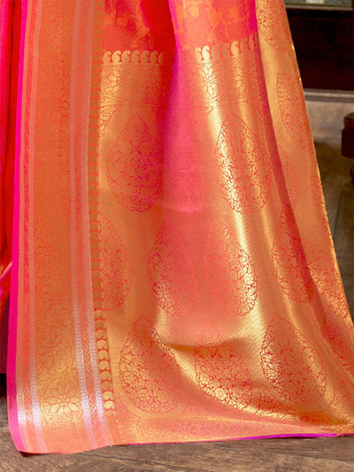 Women's Silk Blend Peach Woven Design Handloom Saree With Blouse Piece - Odette