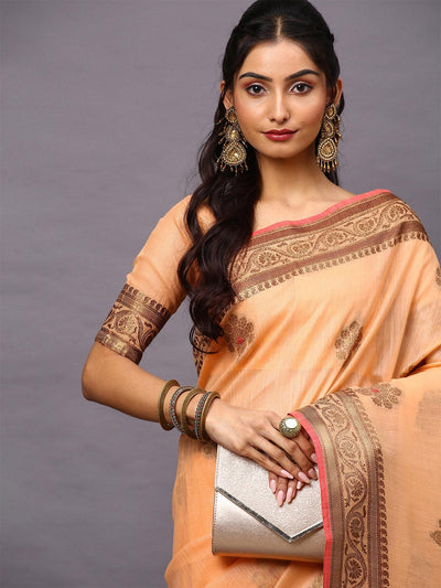 Women's Silk Blend Peach Woven Design Woven saree With Blouse Piece - Odette
