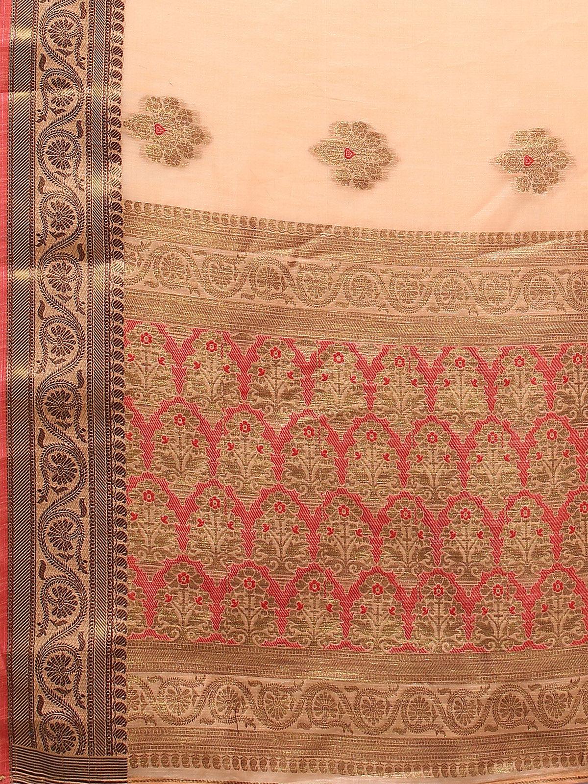 Women's Silk Blend Peach Woven Design Woven saree With Blouse Piece - Odette