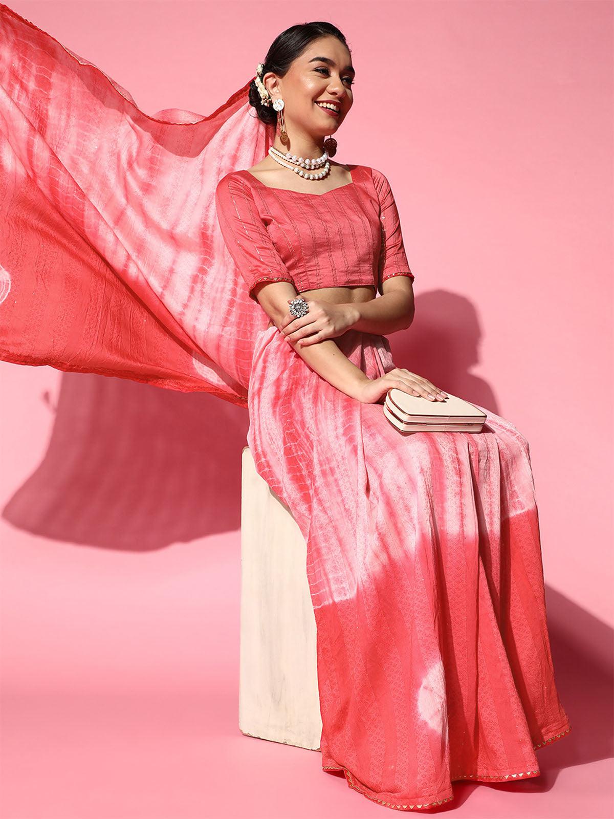Women's Silk Blend Pink Embroidered Designer Saree With Blouse Piece - Odette
