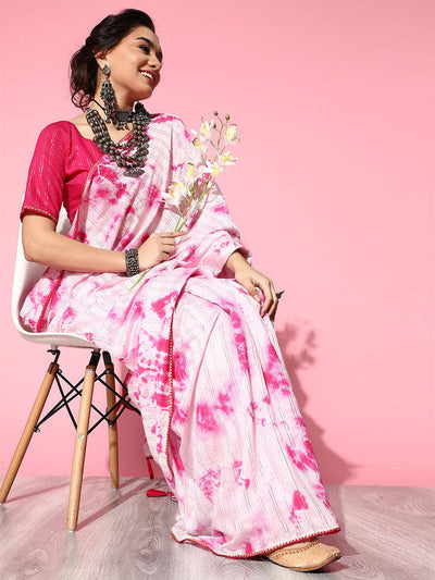 Women's Silk Blend Pink Printed Designer Saree With Blouse Piece - Odette