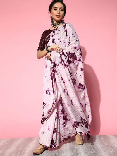 Women's Silk Blend Pink Printed Designer Saree With Blouse Piece - Odette