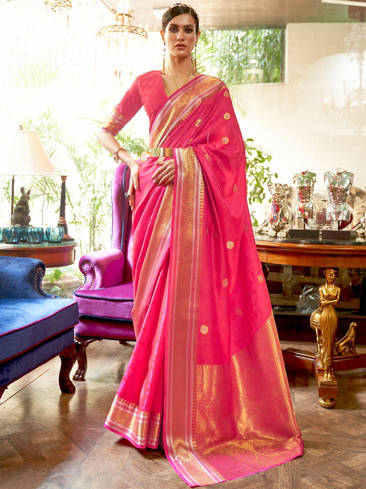 Women's Silk Blend Pink Woven Design Handloom Saree With Blouse Piece - Odette