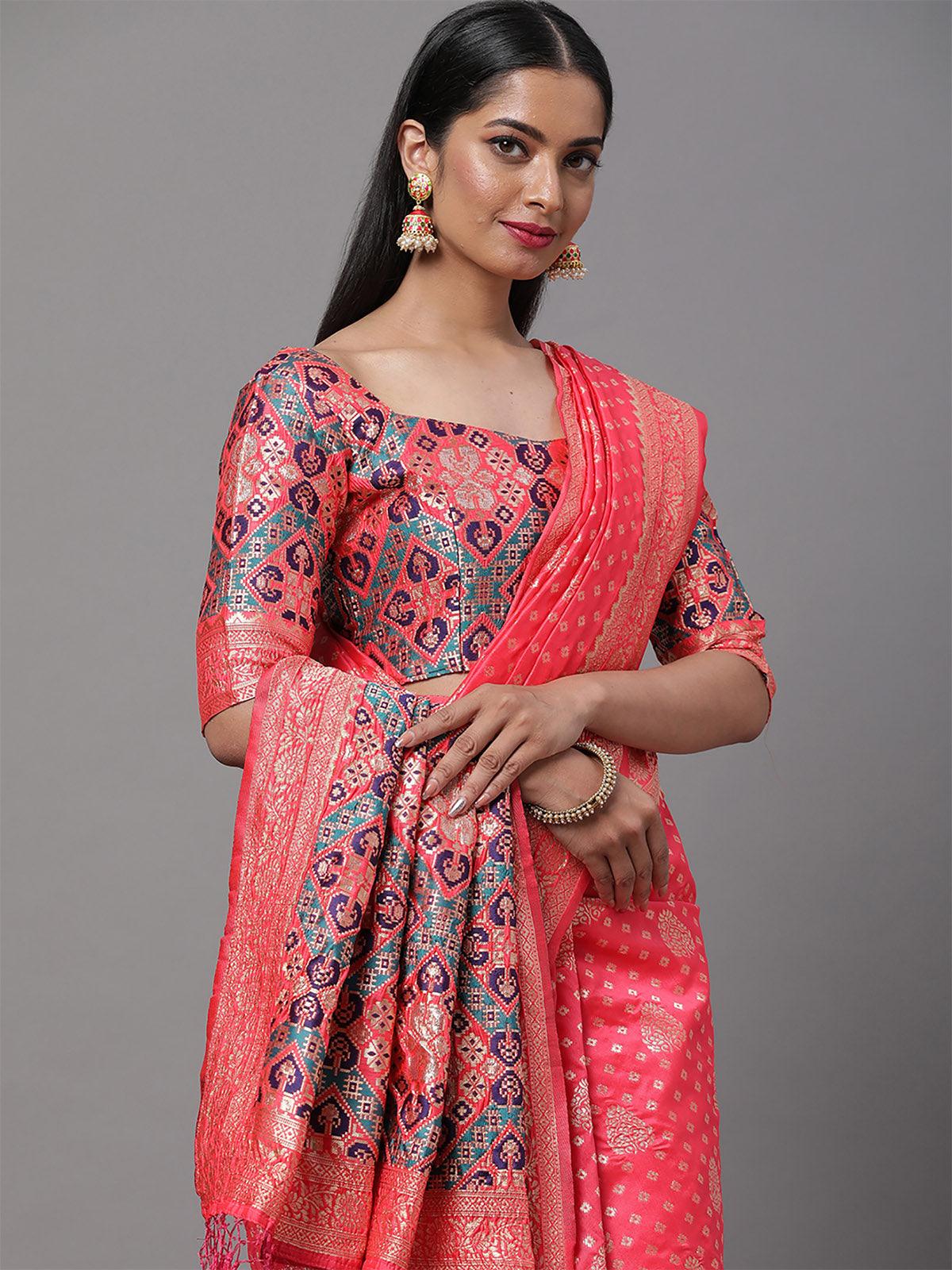 Women's Silk Blend Pink Woven Design Woven saree With Blouse Piece - Odette