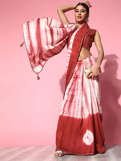 Women's Silk Blend Red Embroidered Designer Saree With Blouse Piece - Odette
