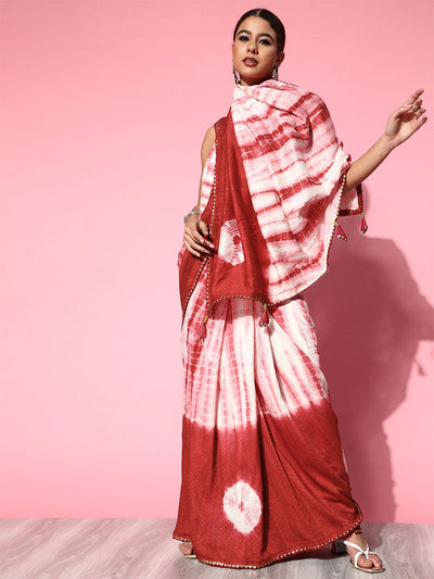 Women's Silk Blend Red Embroidered Designer Saree With Blouse Piece - Odette
