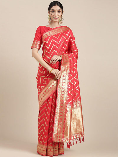 Women's Silk Blend Red Woven Design Celebrity Saree With Blouse Piece - Odette
