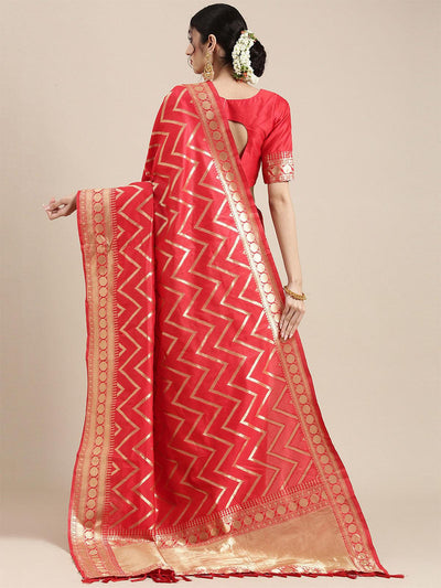 Women's Silk Blend Red Woven Design Celebrity Saree With Blouse Piece - Odette