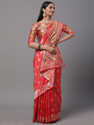 Women's Silk Blend Red Woven Design Woven saree With Blouse Piece - Odette