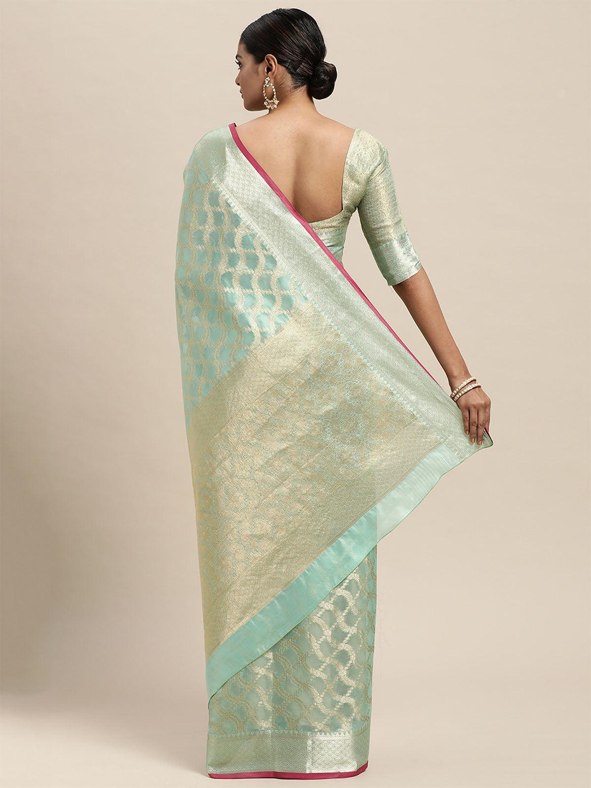 Women's Silk Blend Sea Green Woven Design Designer Saree With Blouse Piece - Odette