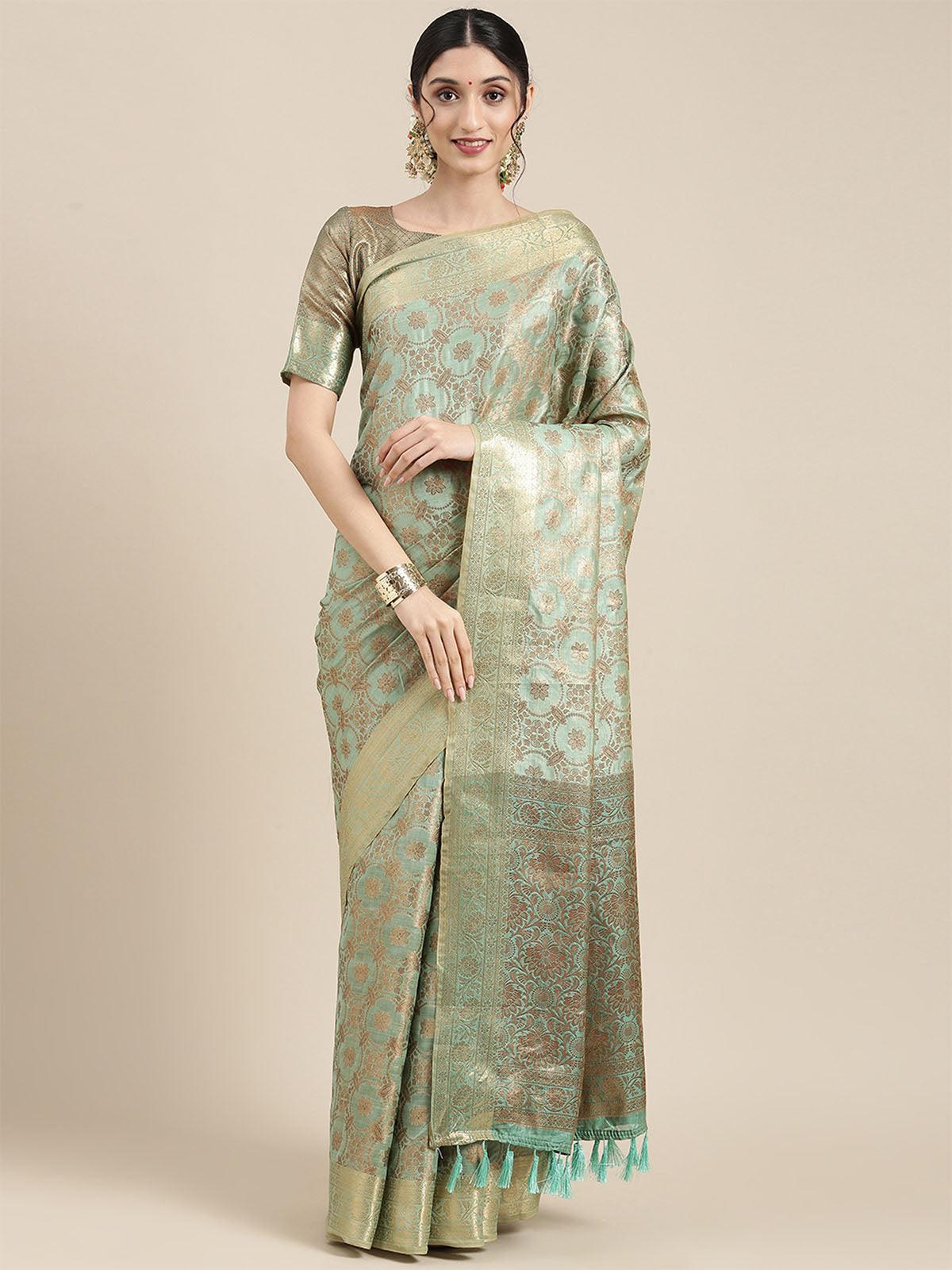 Women's Silk Blend Sea Green Woven Design Woven saree With Blouse Piece - Odette